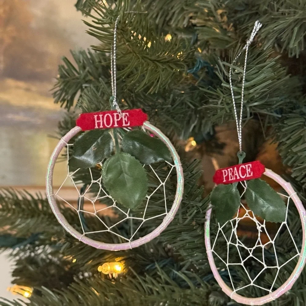 Vintage 1993 Holiday Dreamcatcher Hope & Peace Ornaments - Green and Red